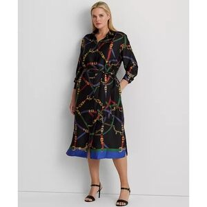 Lauren Ralph Lauren Chain Print Belted Satin Shirt Dress Black Size 14
